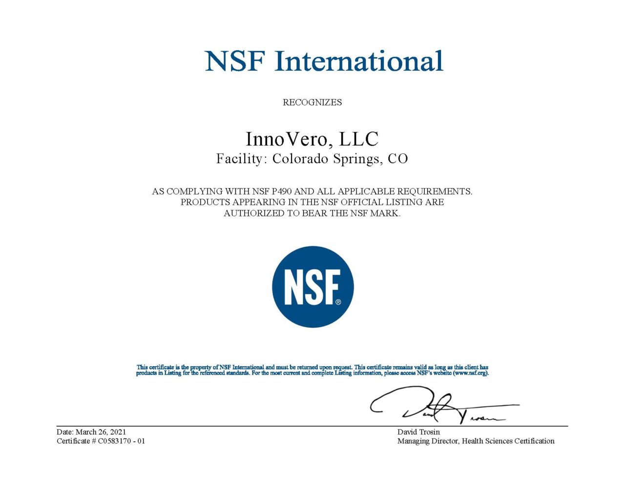 NSF certificate